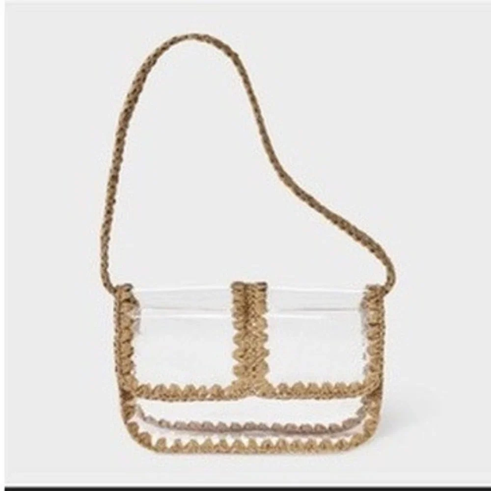 Universal Thread Clear Shoulder Bag Womens Small Tan Straw Trim NEW